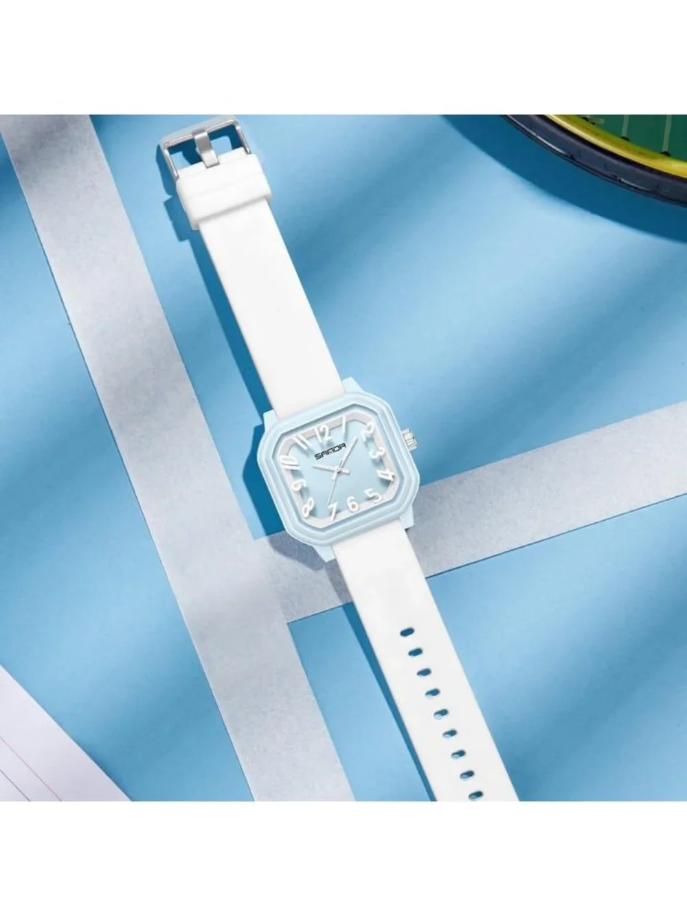Women’s Blue White Big Arabic Numbers Silicone Strap Analog Square Wrist Watch